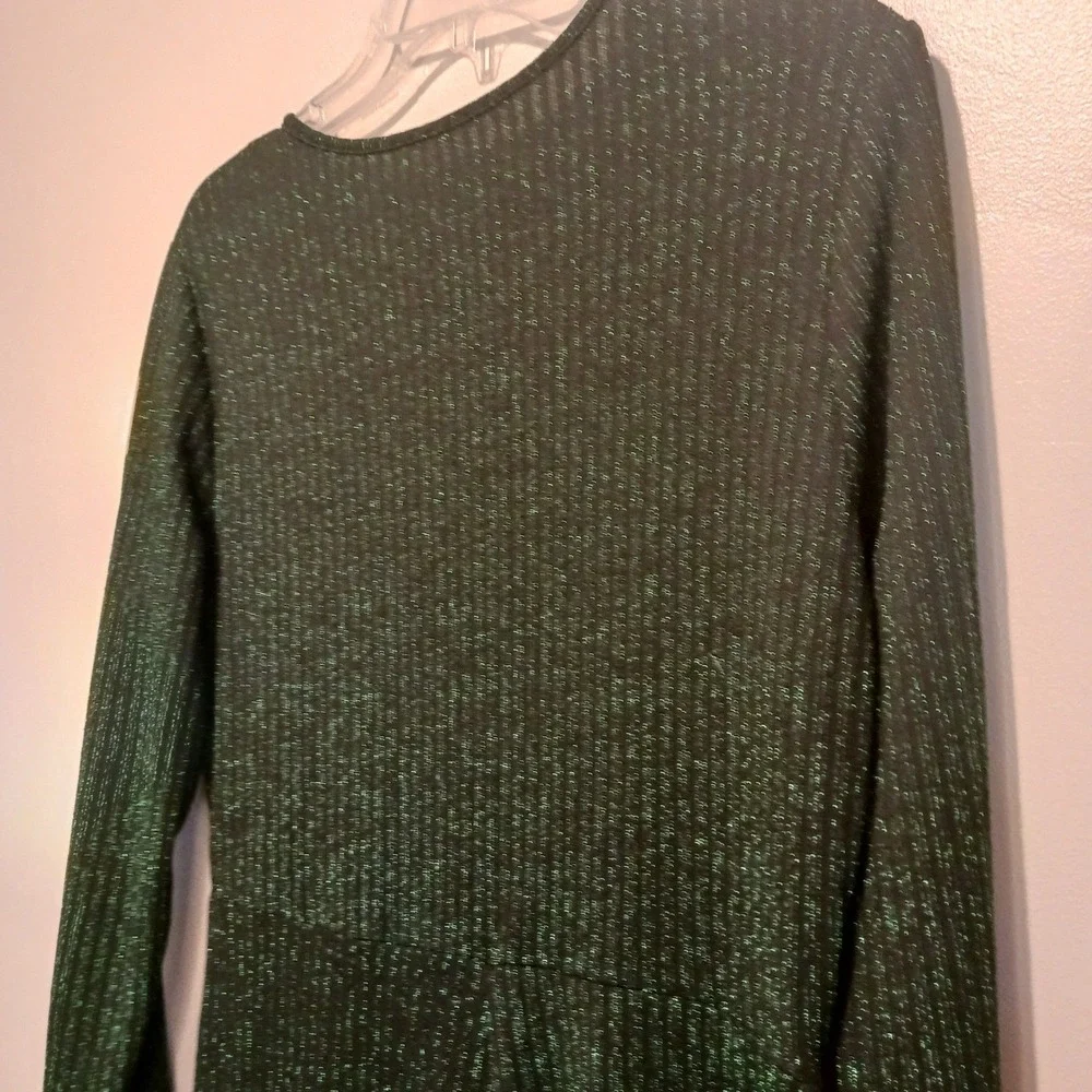 Holiday Party Disco Bling Sparkle Green Metallic Long Sleeve Wide Leg Jumpsuit L